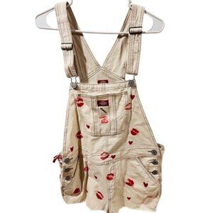 Dickies Beige Denim Overalls With Red Lips & Hearts Print & Adjustable Straps